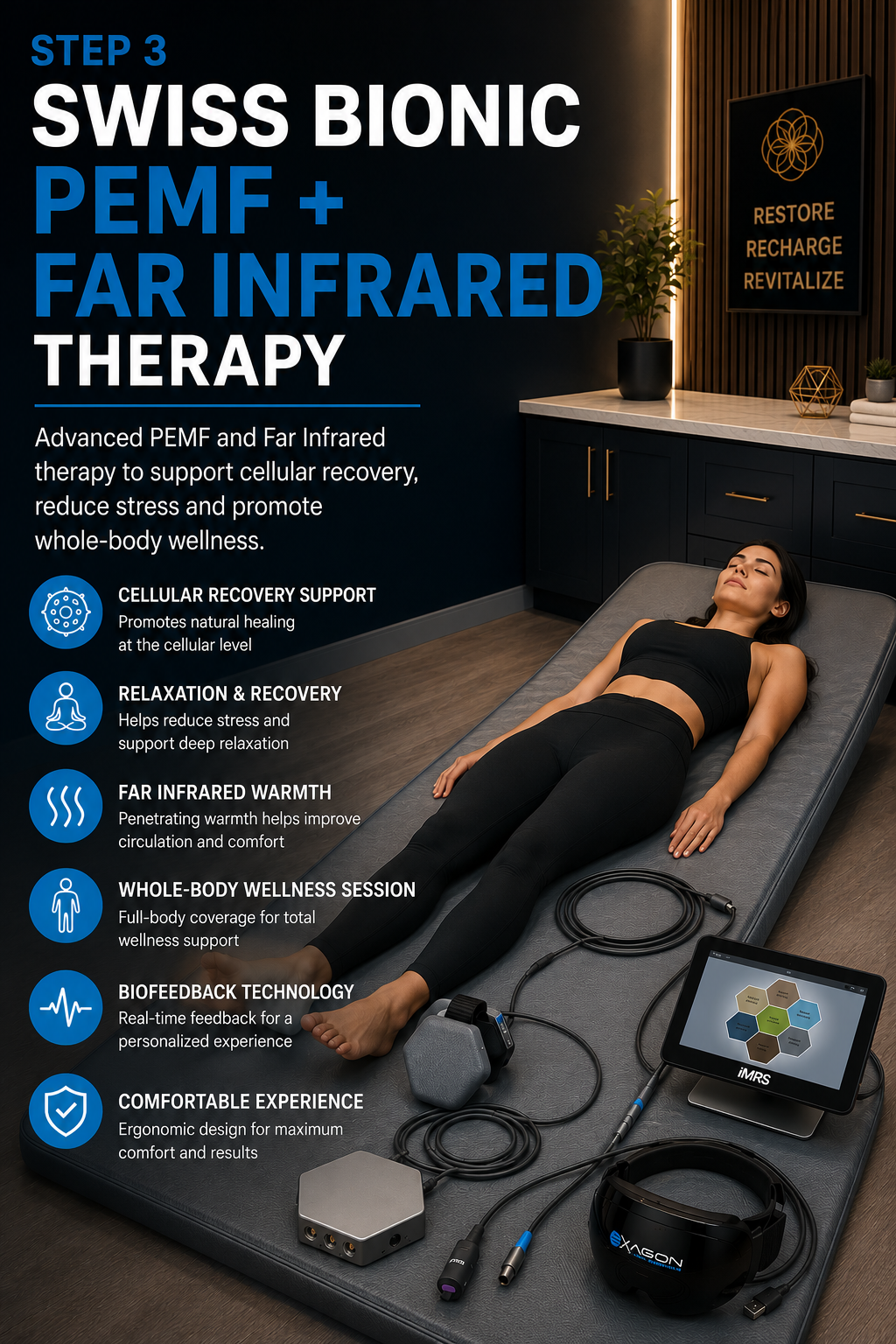 Patient lying on the Swiss Bionic PEMF mat with control tablet
