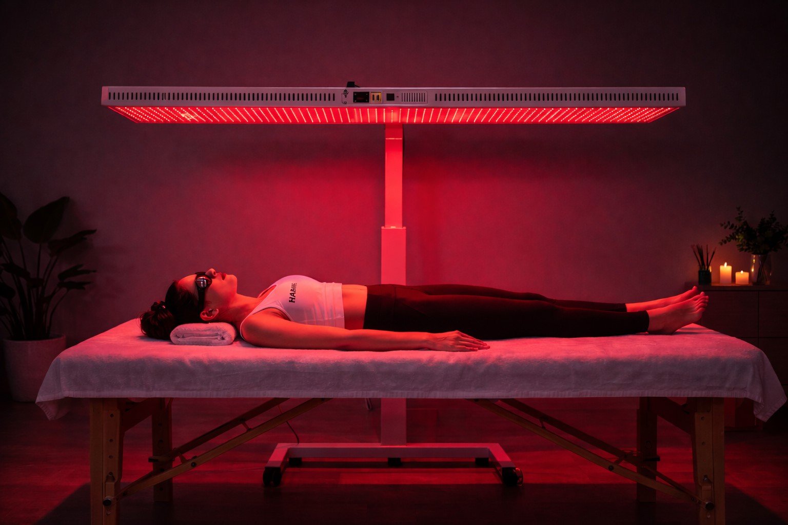 Patient lying under the overhead HANA full-body laser panel