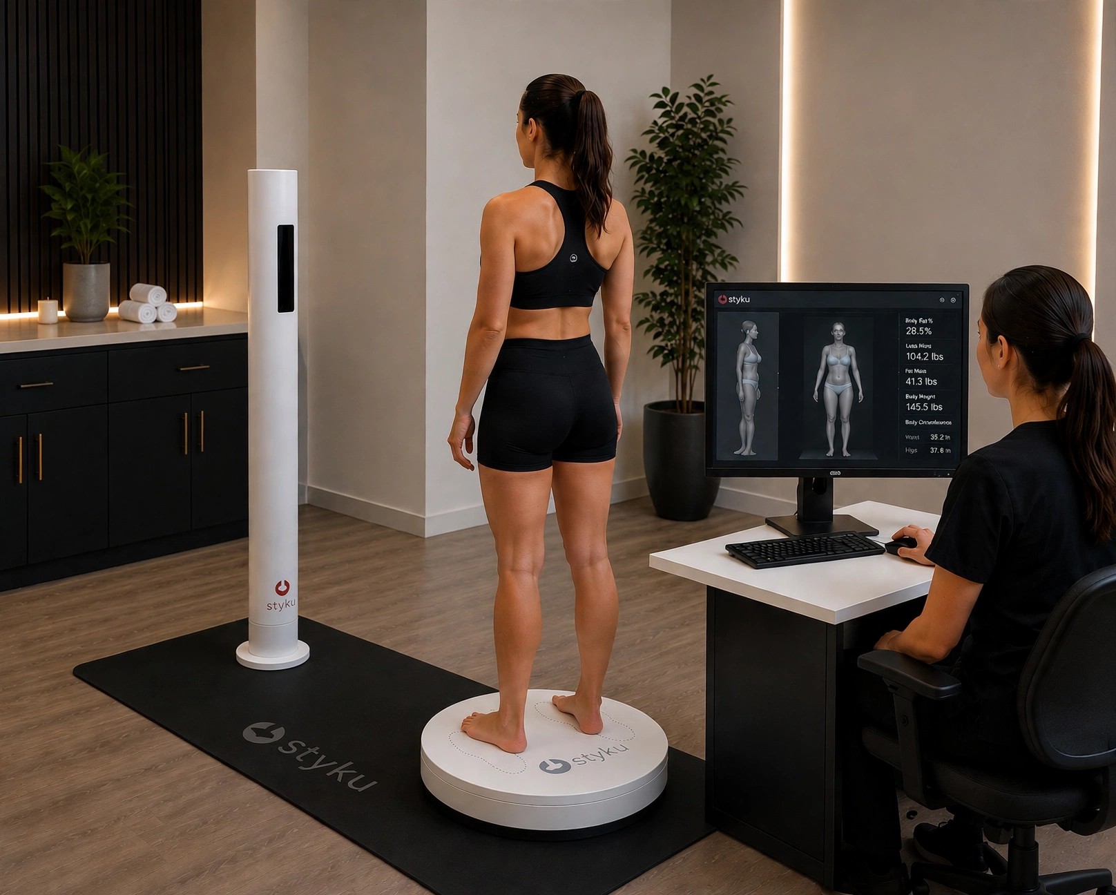 Patient standing on the Styku 3D scanner platform facing the sensor tower
